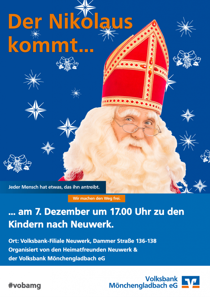 Am Dienstag, den 07. Dezember 2021, um 17.00 Uhr besucht der Nikolaus wieder die Neuwerker Kinder in der Volksbank-Filiale auf der Dammer Straße. 