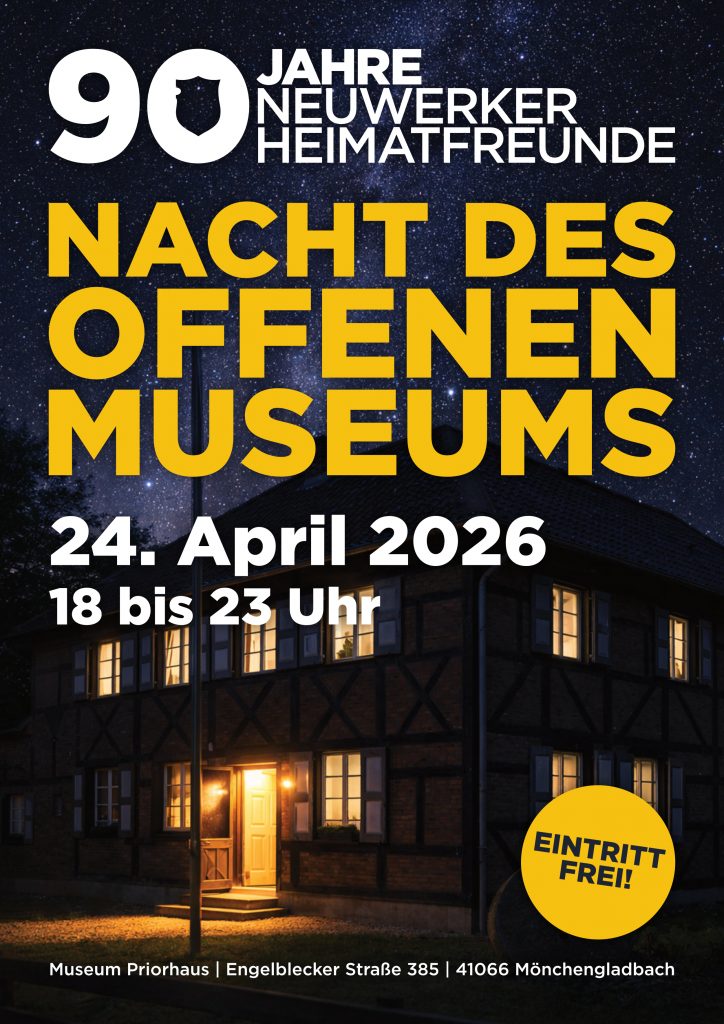 Nacht des offenen Museums am Freitag, den 24. April 2026 von 18 bis 23 Uhr im Museum Priorhaus, Engelblecker Straße 385, 41066 Mönchengladbach